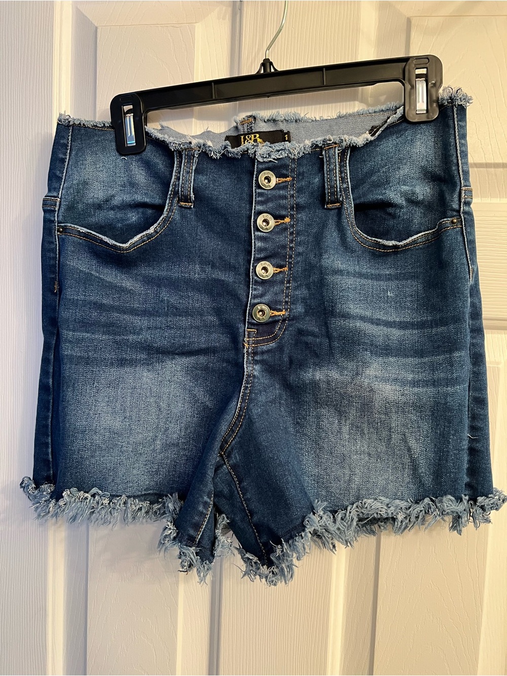L&B Dark Blue Frayed Button-Front Jean Shorts